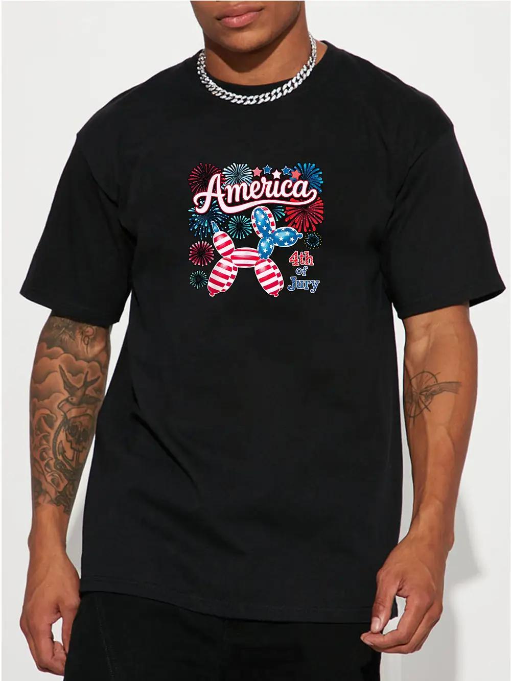 

Patriotic Summer T-shirt - Casual Cotton Short Sleeve Round Neck Top with AMERICA Fireworks Graphic XXXL