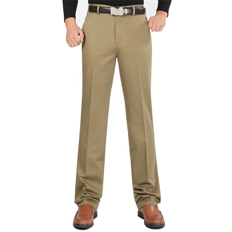 Men's High Waist Elastic Cotton Casual Pants - Thick, Loose, Straight Leg