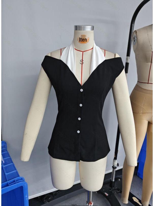 Elegant Women's Off-the-Shoulder Black and White Shirt - European & American Style, Slim Fit, Casual Office Wear