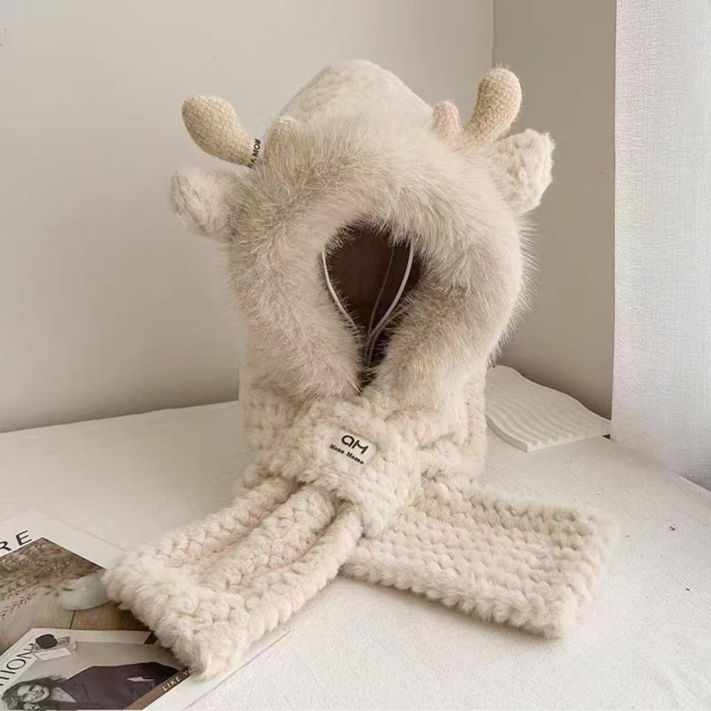 Ear Protection Bear Deer Ears Hat Soft Plush Integrated Cap Scarf Cartoon Winter Hat  Women