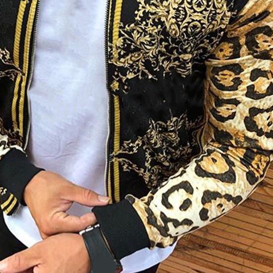 Men Coat Print All Match Round Neck Long Sleeve Leopard Jacket