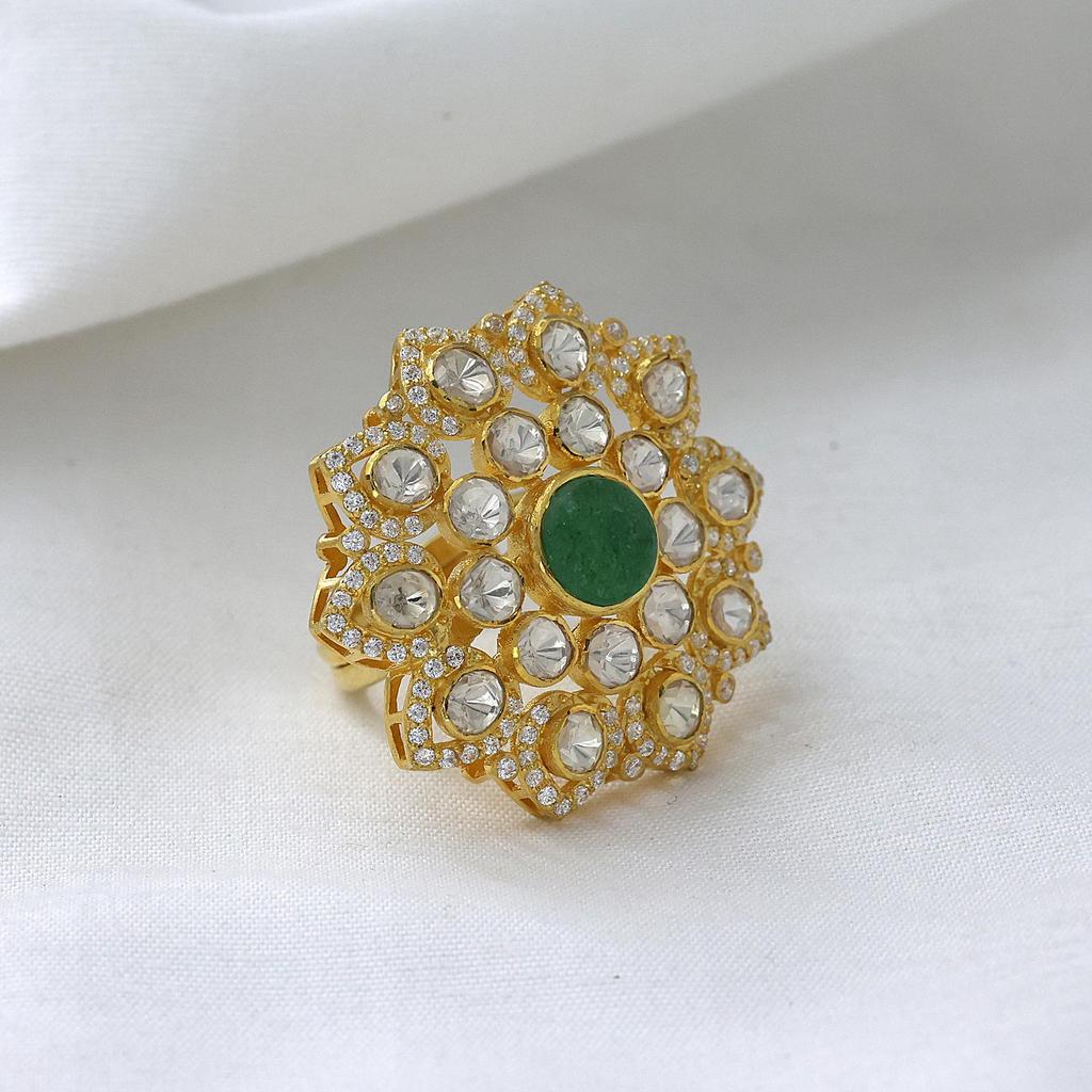 Indian Kundan Women Ring 925 Sterling Silver Handmade Jewelry, Gold Finish Kundan Ring, Statement Women ring Polki Ring, Moissanite Adjustable Ring