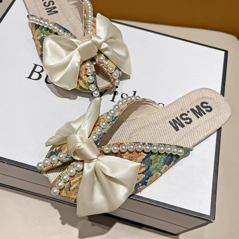 Fashion Summer New Baotou Slippers Womenr 2025 Flat Bottom Bow Soft Bottom Cool Slippers Fashion Women Shoes Home-based Slipper