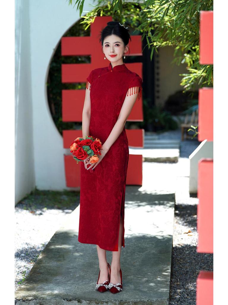 Lace Jacquard Crescent Sleeve Long Cheongsam Dress - 2025 New Style for Mother’s Wedding Banquet