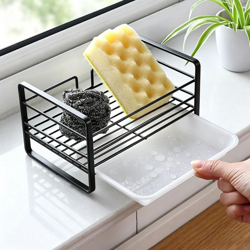 Rustproof Metal Countertop Sponge Holder Removable Drain Tray for Kitchen Sink Dish Cleaning Tools Storage