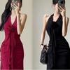 Elegant Red Halter Neck Backless Summer Dress for Women