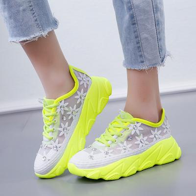 Fashion Rhinestones Women Mesh Platform Sneakers White Shoes High Heels Wedges Outdoor Shoes Breathable Casual Trainers for Woman