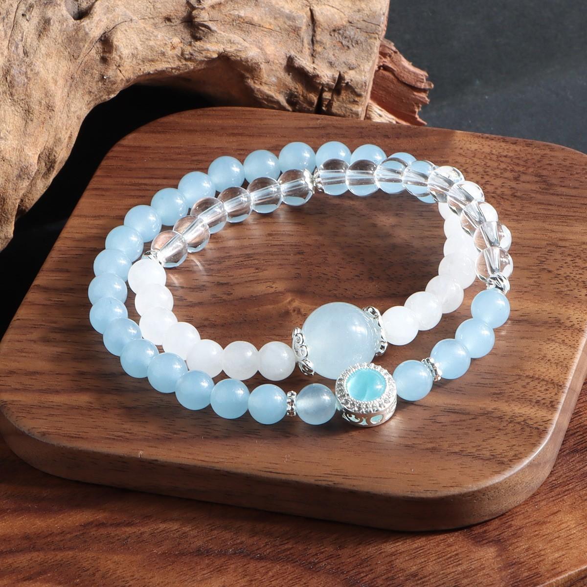 Натуральный аквамарин Белый хрусталь Браслет Браслет с двойным кольцом Подарок Морская Луна Белый хрусталь