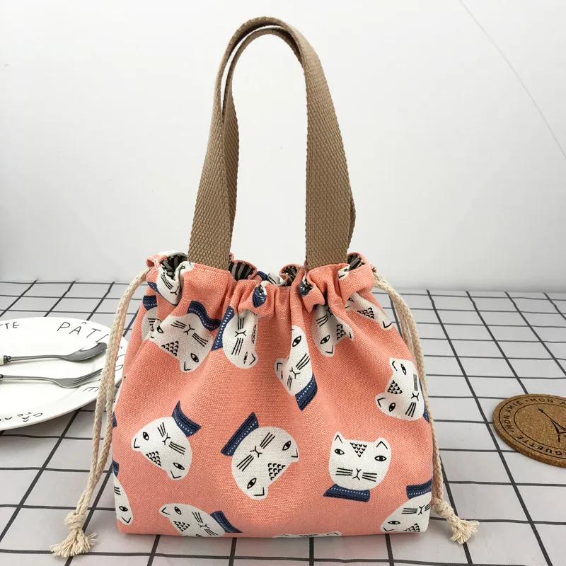 Japanese Cute Bento Bag Handheld Canvas Bag Cartoon Portable Drawstring Cutlery Storage Drawstring Bags for Two Lunch Boxes