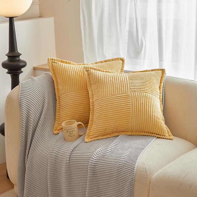 Modern Corduroy Patchwork Pillow Cover with Piping - Light Color Corn Stripe Design for Living Room Cushion