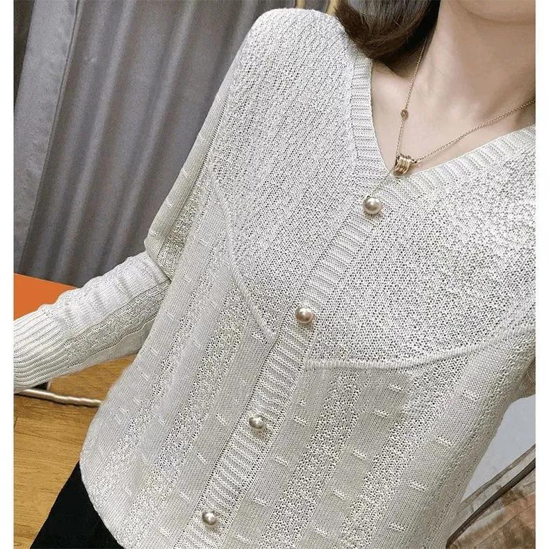 Women Spring Autumn Chic Hollow V Neck Knitted Sweater Simple Long Sleeve Solid Pullover Tops
