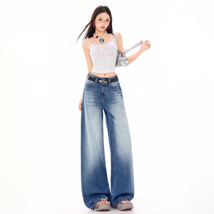 Spring Summer Vintage Sandblast Washed Relaxed Micro Flare Elegant Casual Full Length Denim Pants Female Casual Pants Oversize Denim Trousers