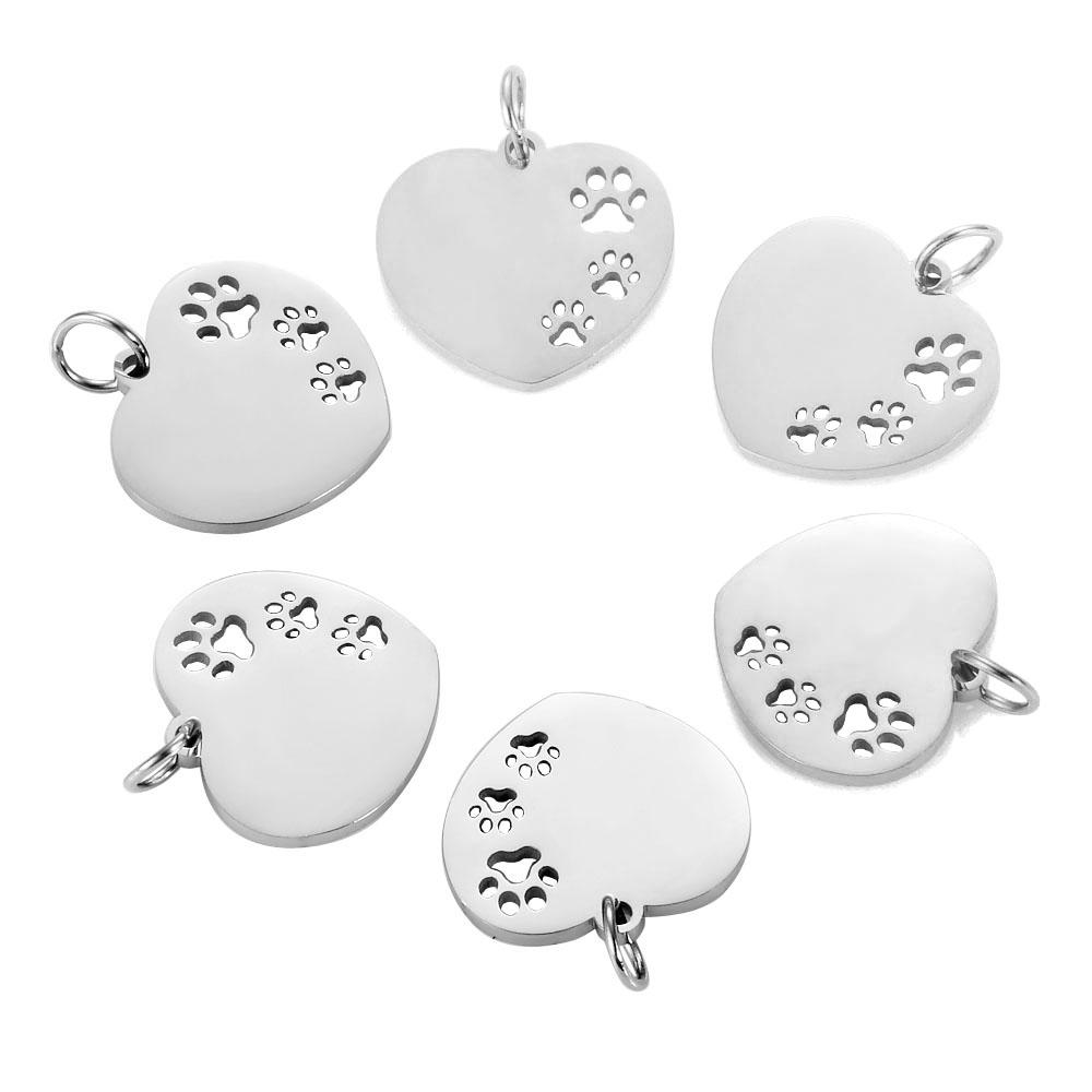 10Pcs/Lot Hollow Paw Heart Charms Stainless Steel Mirror Polished Charms Wholesale Heart Paw Charm Pendant For Jewelry Making