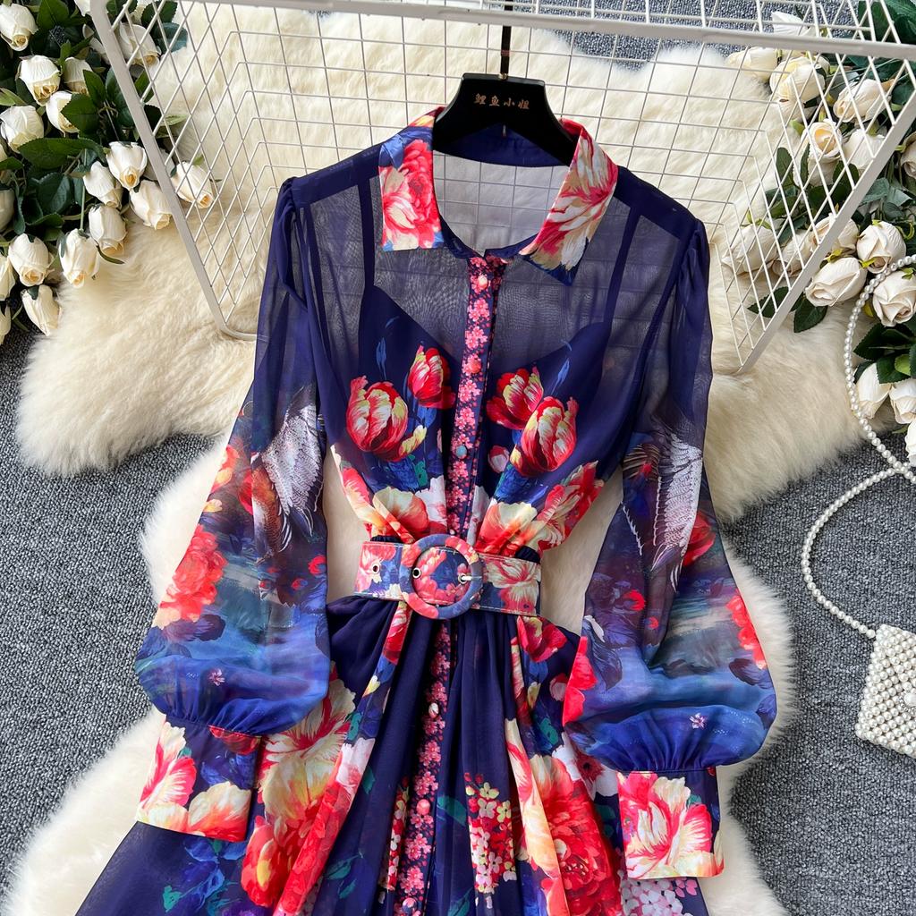 Summer Women Vintage Print Turn-down Collar Chiffon Holiday Beach Long Maxi Shirt Dresses With Belt