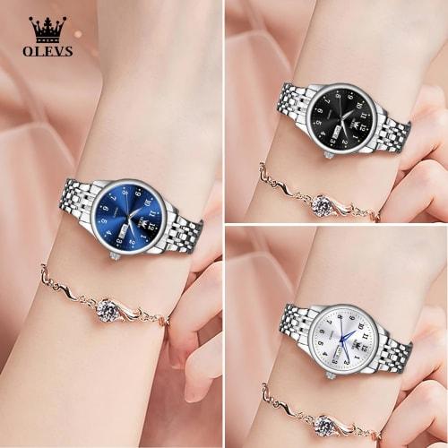 OLEVS Women's Watch, Waterproof, Analog Quartz, Popular Fashion, Women's Arm Watch, Stylish, Silver Dial, White, Stainless Steel Band, Silver Women Wa