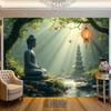 2D Serene Buddha Forest Wall Hanging, Peaceful Zen Garden Waterfall Background Cloth