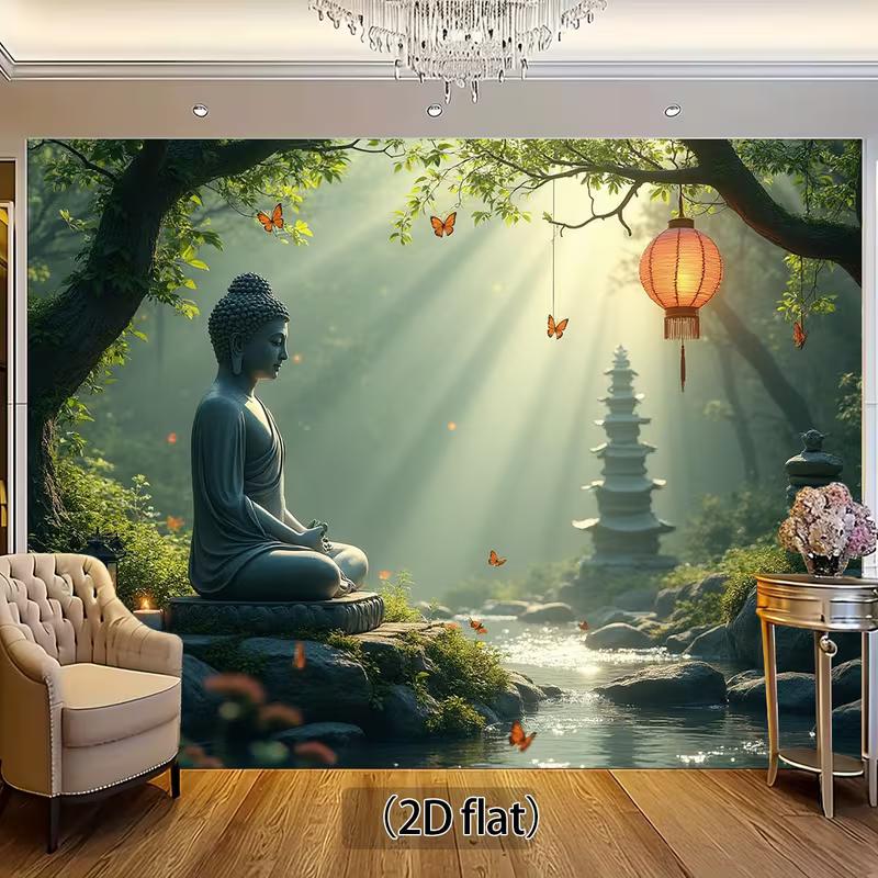 2D Serene Buddha Forest Wall Hanging, Peaceful Zen Garden Waterfall Background Cloth
