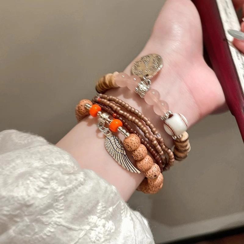 5Pcs Bohemian Multi-Layer Rice Bead Bracelet Wings Pendant Elastic Rope Bracelet Ethnic Style Jewelry