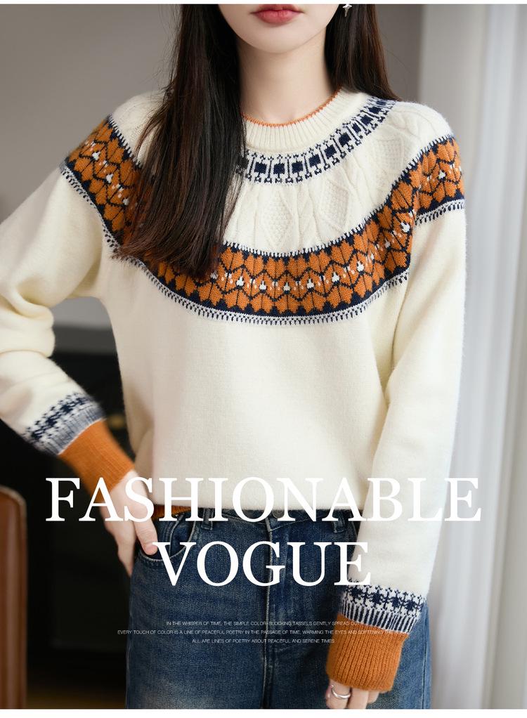 Women's Fair Isle Jacquard Knit Wool Sweater, Retro Round Neck, Long Sleeve, Thickened and Warm Base Layer.