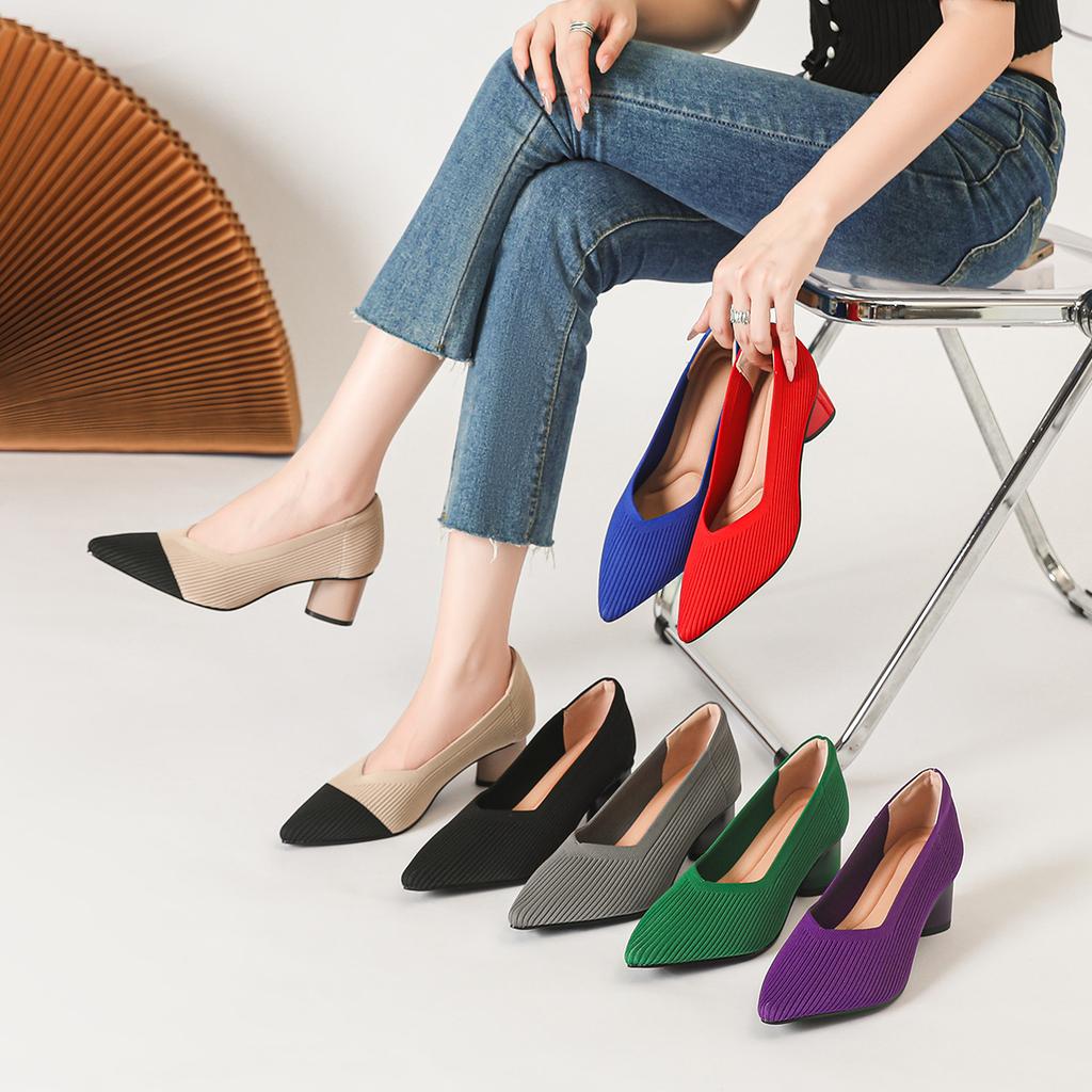 Fashion 2025 Pointed Toe Middle Heel Breathable Comfortable Knitted Shoes Women Shallow Mouth Chunky Heel Fashion Zapatos De Mujer Pumps