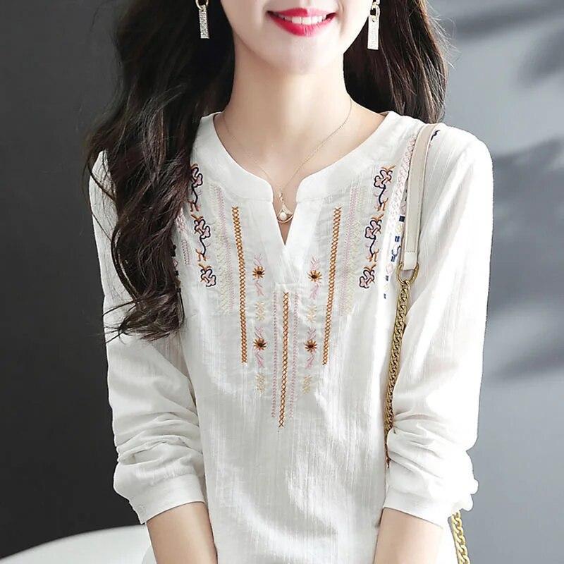 Women Blouses Tops Lady Casual Embroidery V-Neck Long Sleeve Vintage Loose Blusas Top