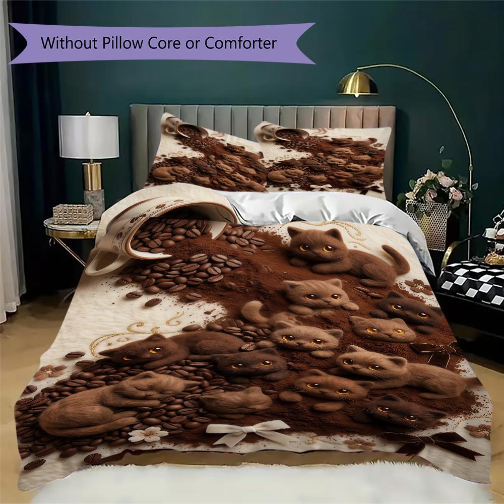 Coffee Black Cat Pattern Bedding Uilt Set Uilt Cover Pillowcase Home Decoration Birthday Gift (1 * Duvet Cover + 2 * Pillowcase Without Core)