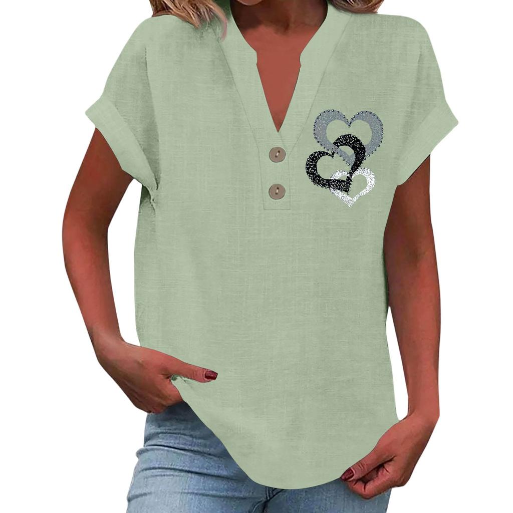 Ladies Casual Fashion V-Neck Button Floral Print Short Sleeve Top