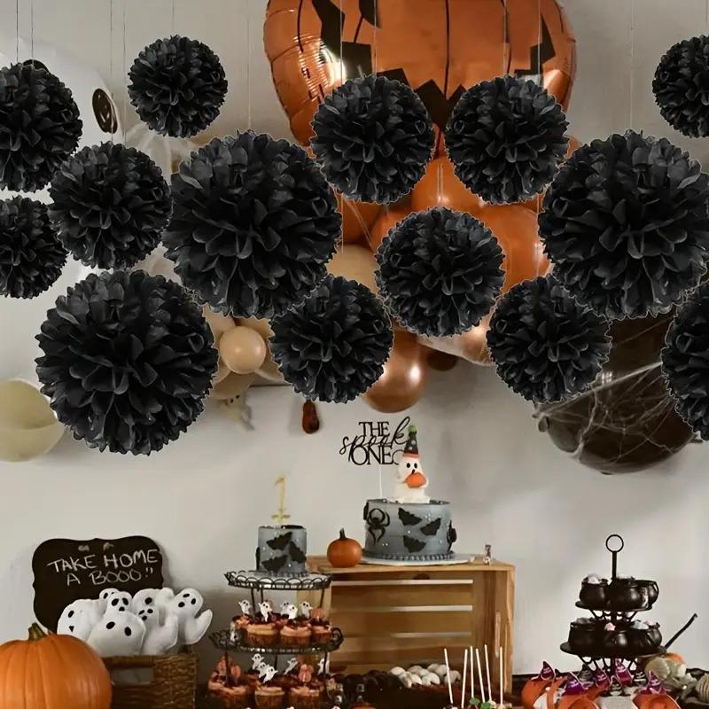 9 Pièces Décor Mural Noir pour Fête Décorations de Fête de Mariage Halloween Boule de Fleurs 3D Anniversaire Ensemble Boules de Fleurs en Papier Décoration de Maison