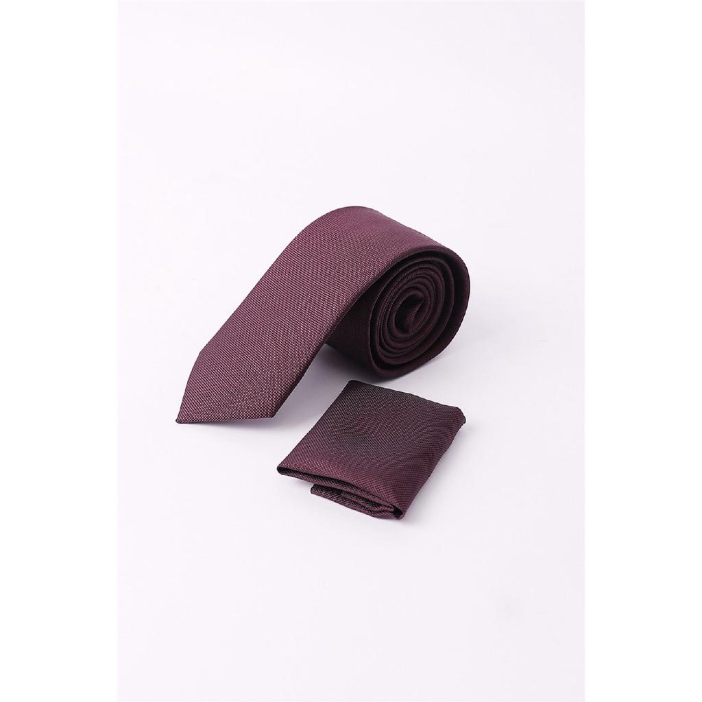 Plain Men's Burgundy Tie With Pocket Handkerchief