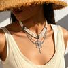 Personality diamond-set imitation pearl cross double-layer sweater chain temperament necklace