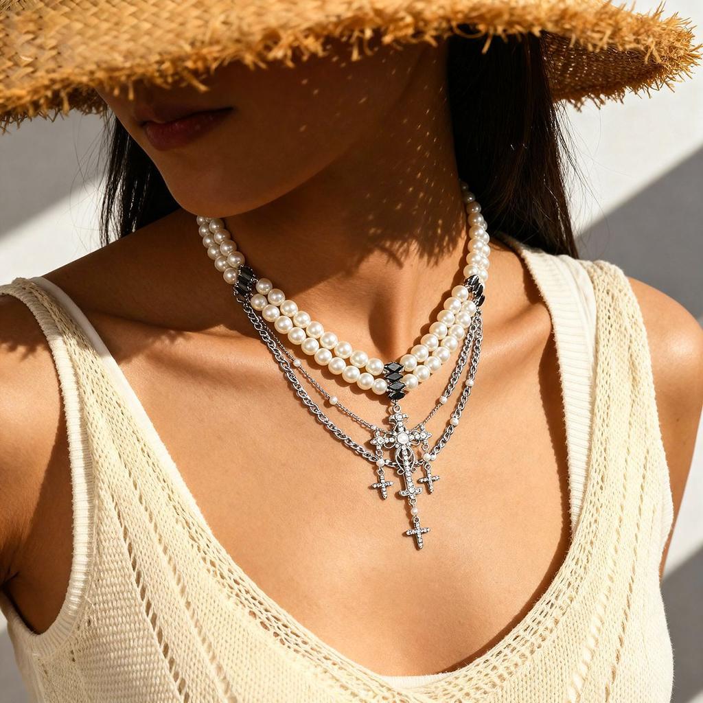 Personality diamond-set imitation pearl cross double-layer sweater chain temperament necklace