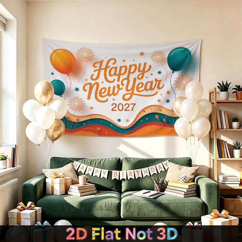 Party Backdrop New Year Fireworks Balloon Orange Flat Festive Teal Multi Layered Celebration Photo Booth Front Door Decor