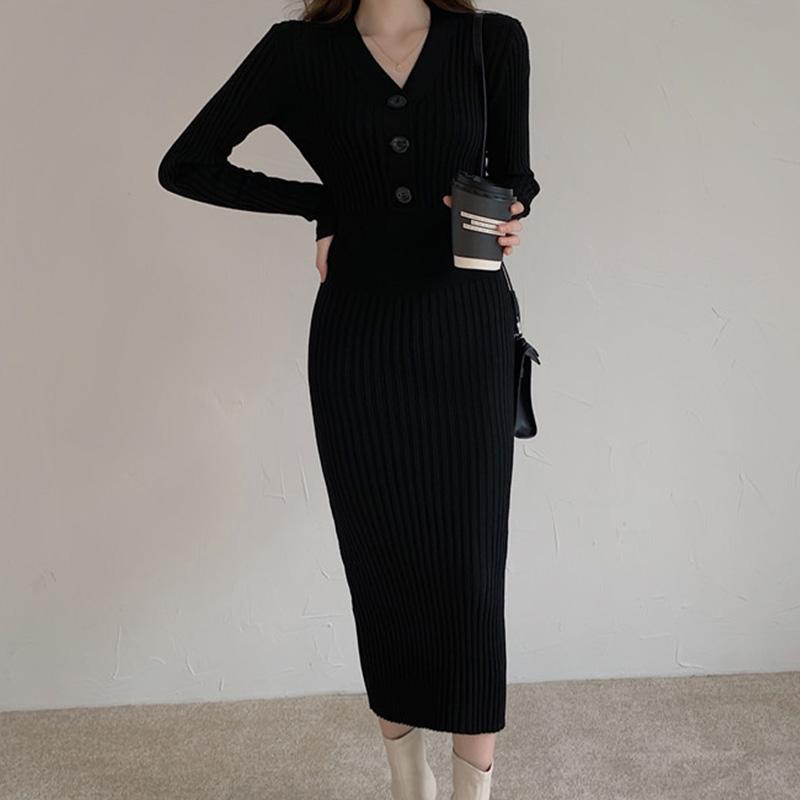 Dámské pletené podzimní zimní oblečení dámské svetr s výstřihem do V Korejská móda Nová streetwear šaty Top Dámské šaty s dlouhým rukávem