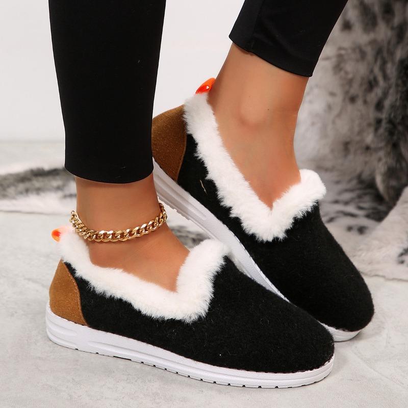 Cross-border Winter New Color Matching Flat-bottomed Velvet Snow Boots Women's Thickened Fluffy Warm Large-size Low-top Cotton Shoes