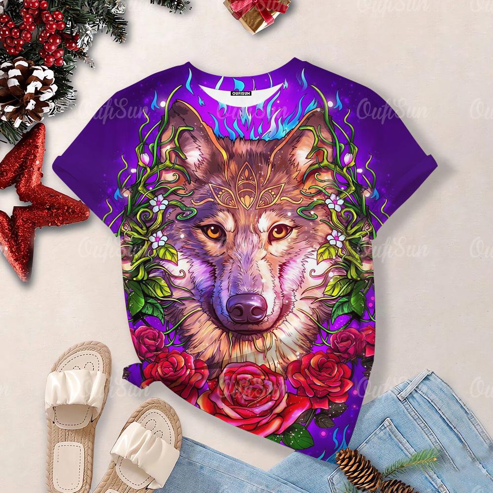 Nové dámské tričko s potiskem 3d Wolf Topy nadměrné velikosti Košile s kulatým výstřihem a krátkým rukávem Módní návrhářka Oblečení Madam Denní ležérní trička