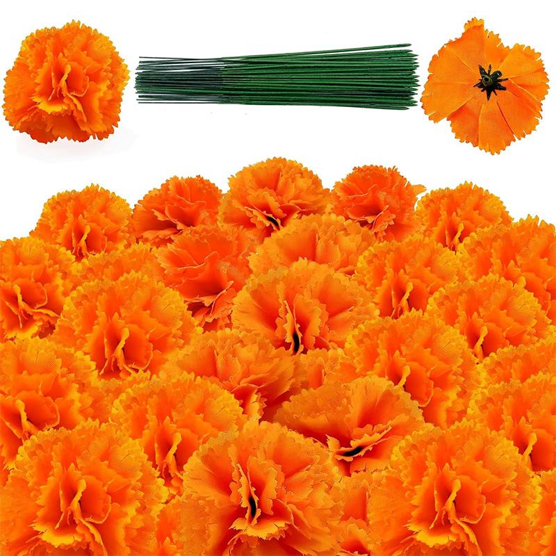 10/20Pcs 5cm Orange Marigold Flower Heads With Stems Silk Artificial Flowers for Home Room Wedding Party Halloween Decoration