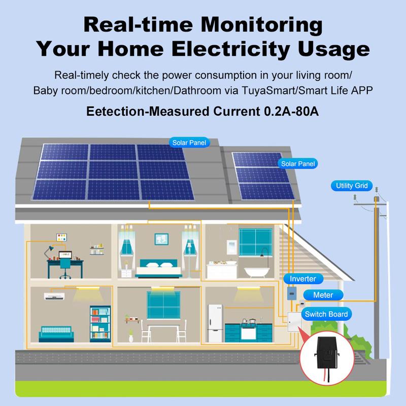 Smart Tuya Wifi Energy Meter Solar PV System Power Production Consumption Bidirectional Monitoring Meter 80A AC100-240V 50/60HZ