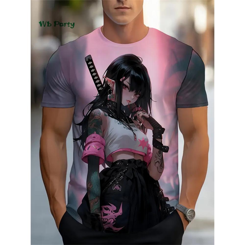 Sakura Samurai Pattern Men's T-Shirt Japanese Anime Short Sleeve T-Shirt Harajuku Tops Summer Men's Oversized Casual Clothing