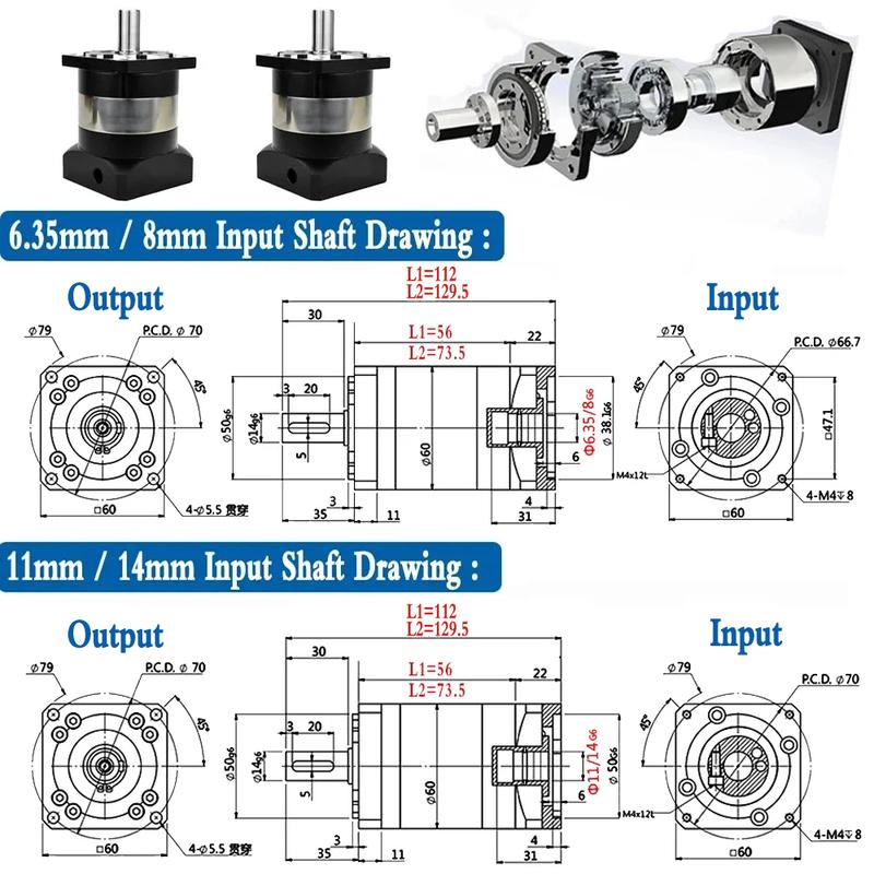 Nema23 Planetary Reducer 6.35/8/11/14mm input 14mm Output Ratio 5:1 10:1 for 60mm 200W 400W Servo Motor Reducetion Gearbox Gear