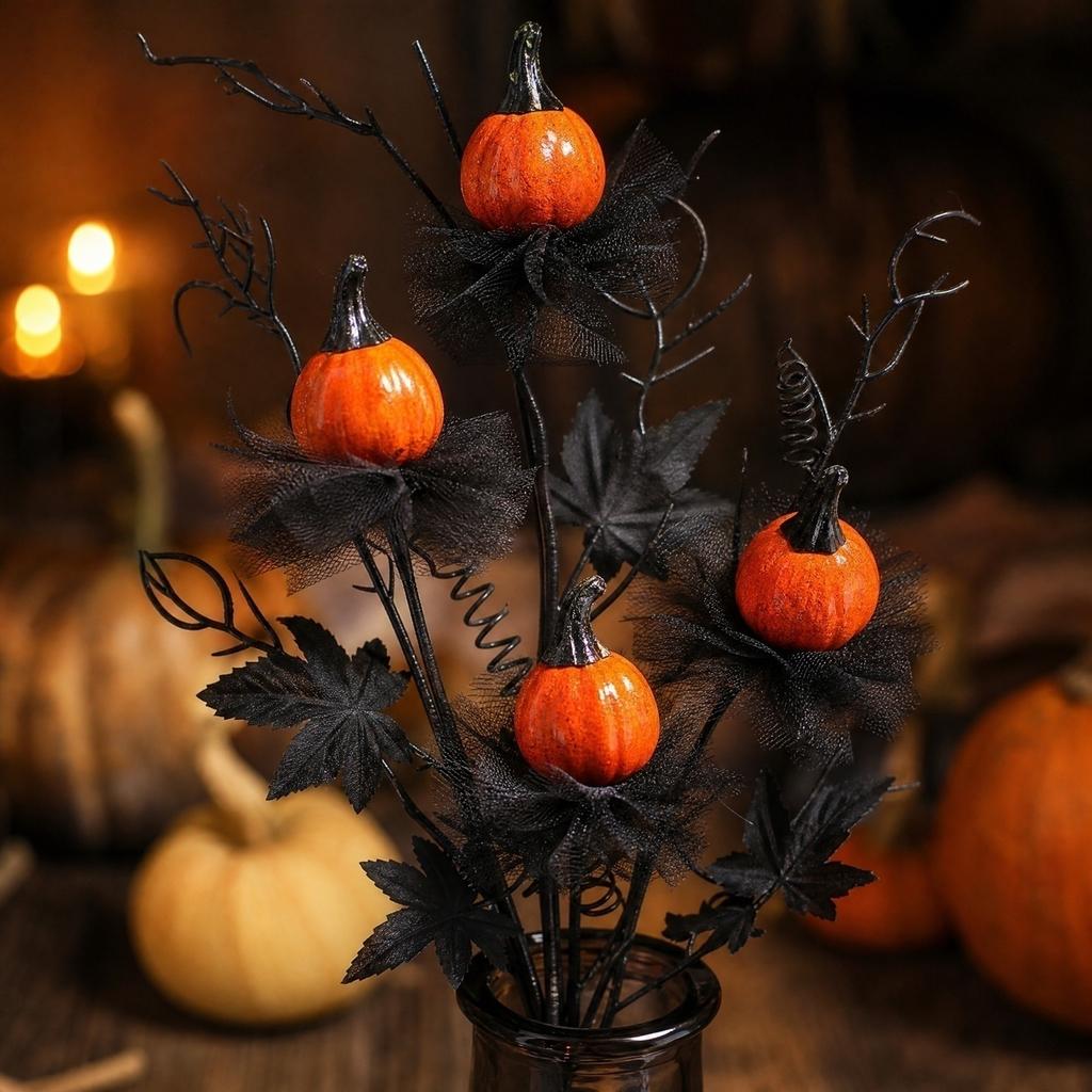 Halloween Decoration Black Scary Pumpkin Branch Bouquet - 2 Pack for Home Decor
