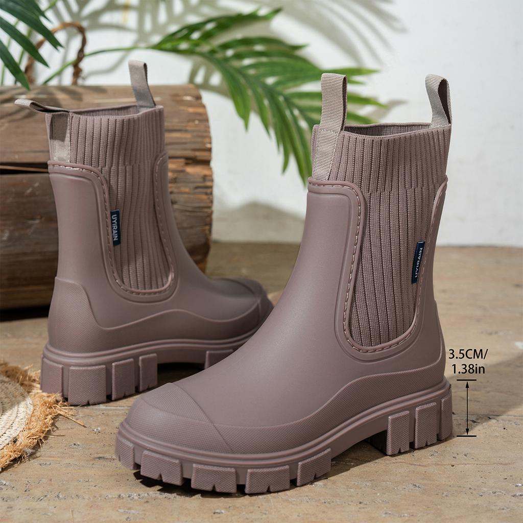 Women's Mid-Calf Rain Boots with Elastic and Thick for Outdoor Commute