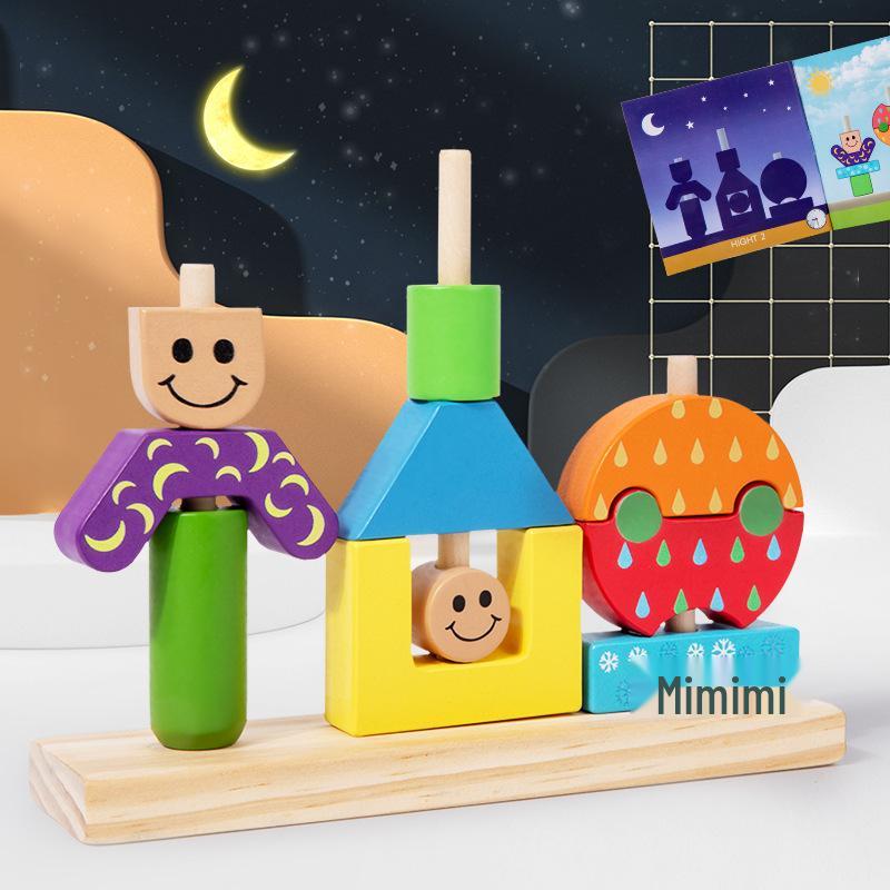 

Montessori Shape Recognition Stacking Blocks - Educational Day & Night Wooden Toy for Kids