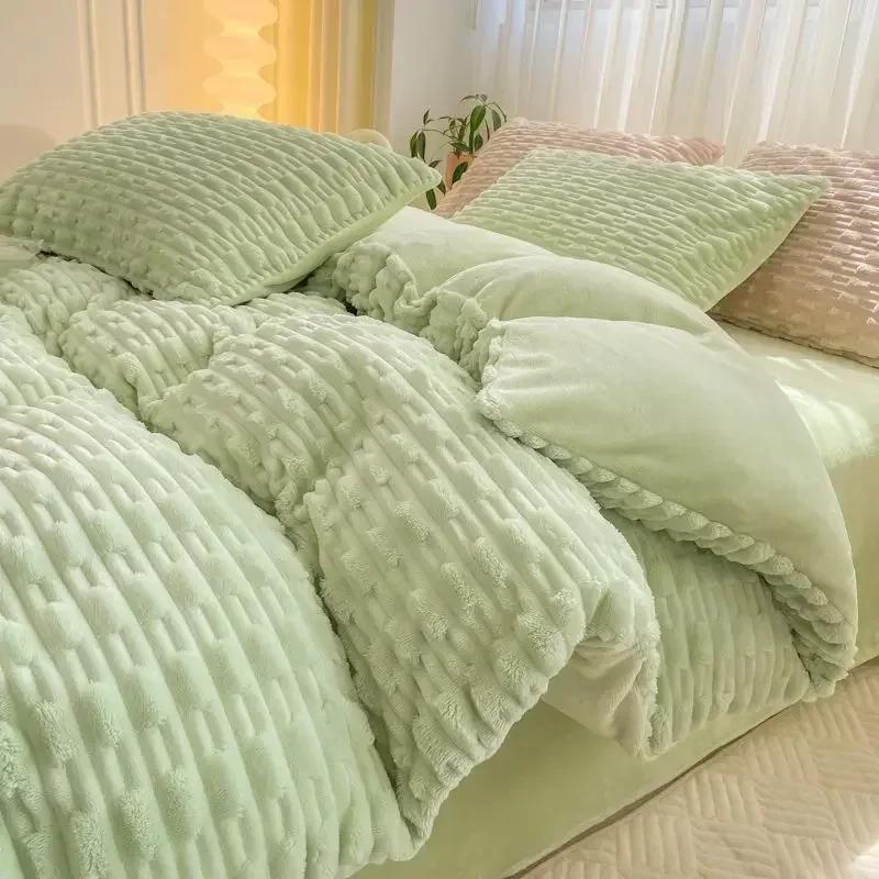 3-4pcs Winter Warm Bedding Sets Duvet Cover Plush Sheet King Twin Queen Size Bed  Flano Coral Fleece Pillowscase Bedding Set