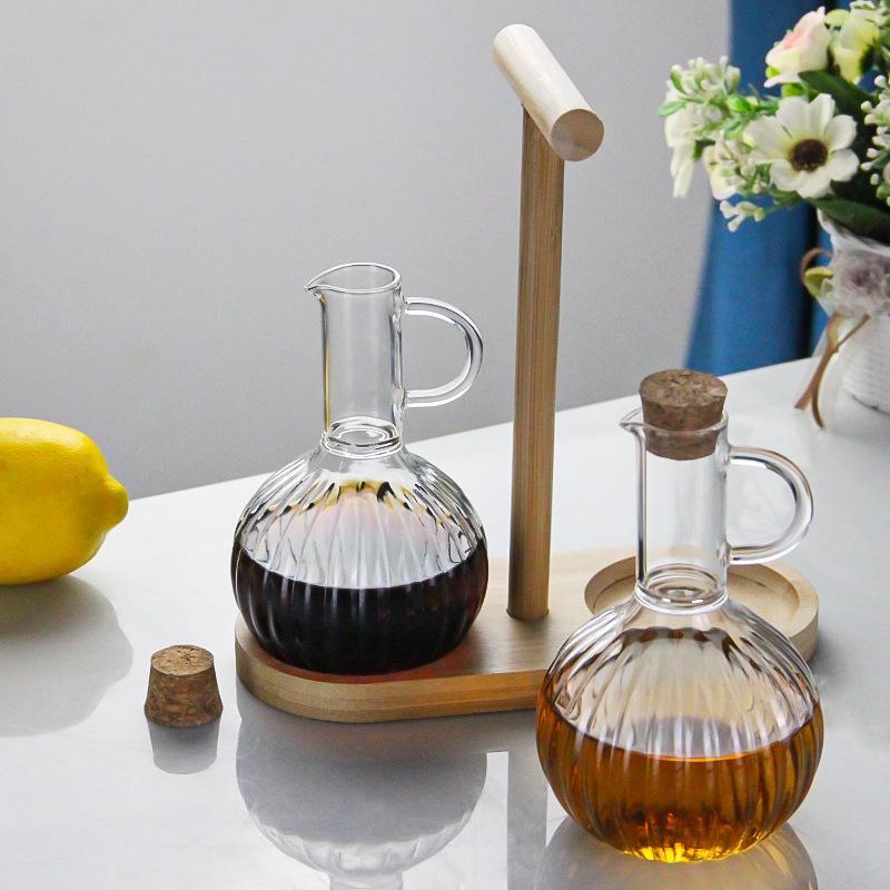 Heat-Resistant Borosilicate Glass Oil Bottle with Cork, Striped Design for Soy Sauce & Vinegar.