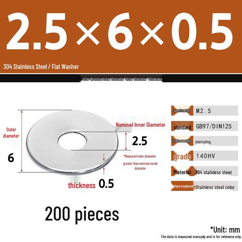 304 Stainless Steel Thickened Flat Washer Set, Sizes 2-36