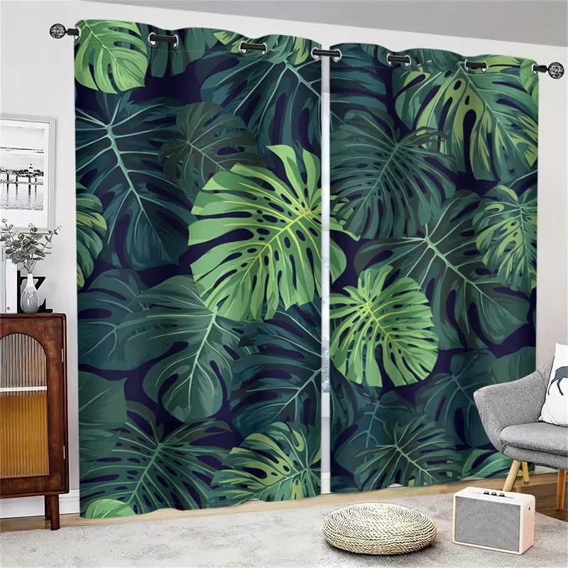 2 Pcs Green leaves print curtains,suitable for bedroom,living room kitchen decoration,home decoration,window decoration