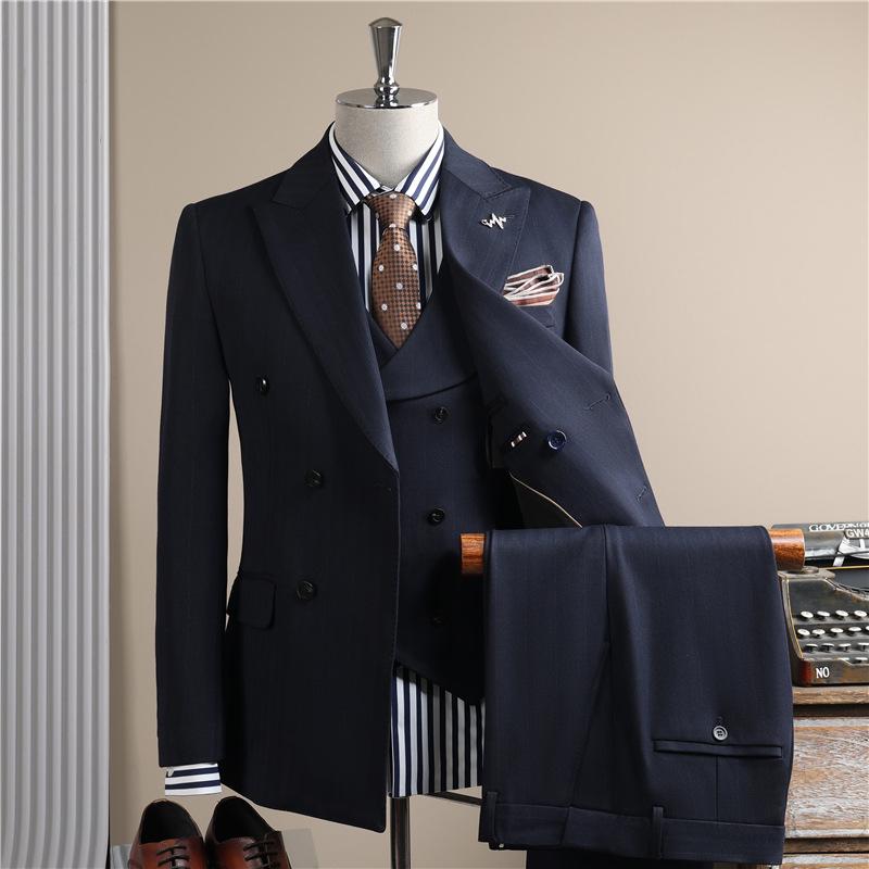 Men's High-End Pinstripe Wool Double-Breasted Three-Piece Suit: Anti-Wrinkle, Formal Groomwear