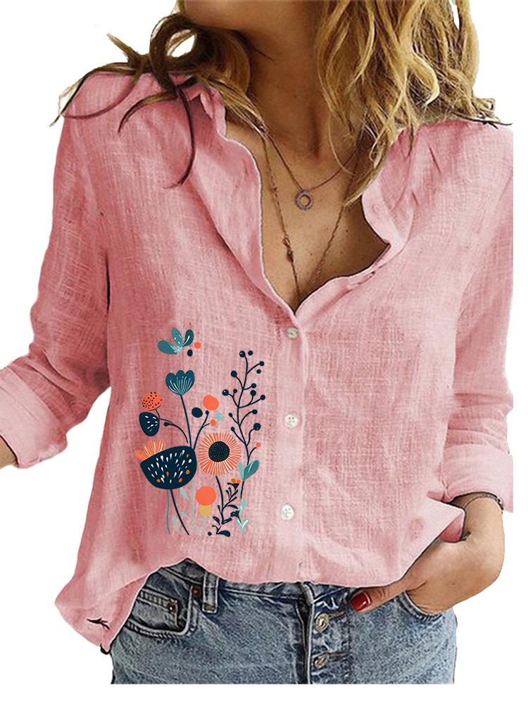 Women Fashion Cotton Linen Blouse Spring&summer Casual Loose Top Ladies Floral Print Long Sleeve Shirt