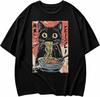 Black Cat Eating Ramen Japanese Style T-shirt