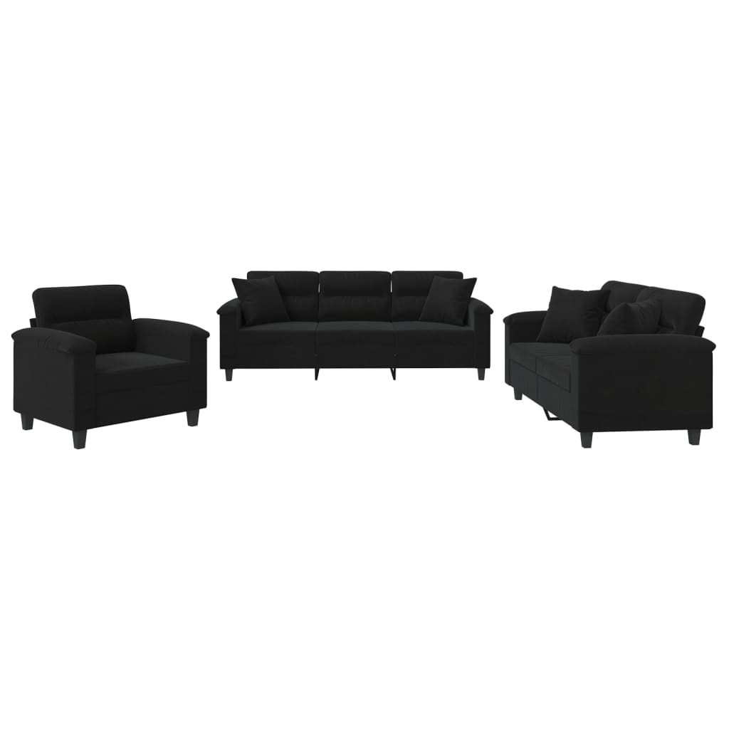 3 Piece Sofa Set with Cushions Black Microfiber Fabric